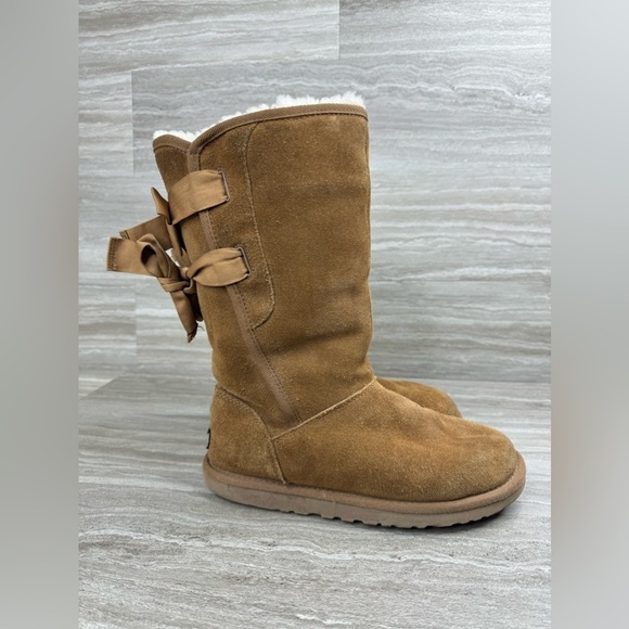 Ugg Allegra Double Bow Chestnut Shearling Mid Boots Womens Size 6 - Picture 1 of 14